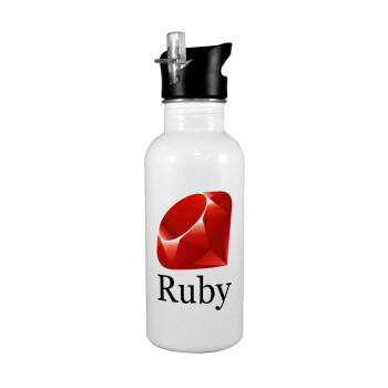 Ruby, White water bottle with straw, stainless steel 600ml