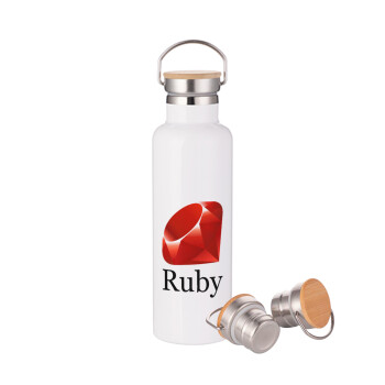 Ruby, Μεταλλικό παγούρι θερμός (Stainless steel) Λευκό με ξύλινο καπακι (bamboo), διπλού τοιχώματος, 750ml
