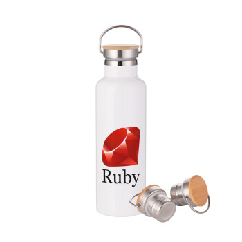 Ruby, Stainless steel White with wooden lid (bamboo), double wall, 750ml