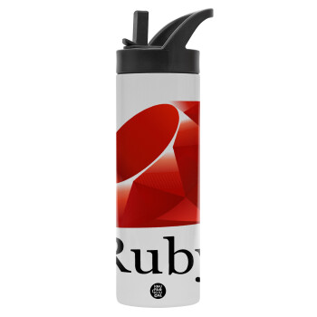 Ruby, Μεταλλικό παγούρι θερμός με καλαμάκι & χειρολαβή, ανοξείδωτο ατσάλι (Stainless steel 304), διπλού τοιχώματος, 600ml