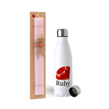 Ruby, Easter Set, metallic stainless steel water bottle (750ml) & scented flat Easter candle (30cm) (PINK)