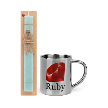 Ruby, Easter Set, metallic thermal cup (300ml) & aromatic flat Easter candle (30cm) (TURQUOISE)
