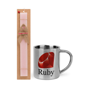Ruby, Easter Set, metallic thermal cup (300ml) & aromatic flat Easter candle (30cm) (PINK)
