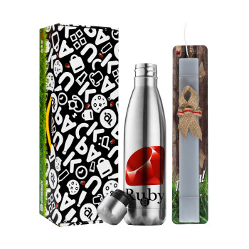 Ruby, Easter Set, metallic stainless thermos flask (500ml) & scented flat Easter candle (30cm) (GRAY)