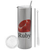 Tumbler stainless steel Silver 600ml, with metal straw & cleaning brush