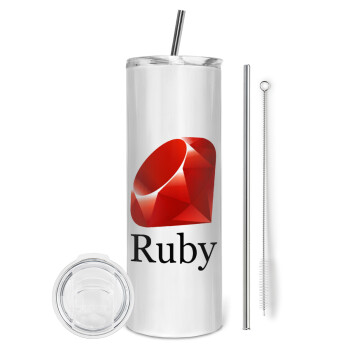 Ruby, Eco friendly ποτήρι θερμό (tumbler) από ανοξείδωτο ατσάλι 600ml, με μεταλλικό καλαμάκι & βούρτσα καθαρισμού
