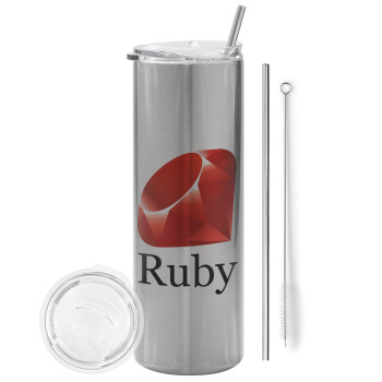 Ruby, Eco friendly ποτήρι θερμό Ασημένιο (tumbler) από ανοξείδωτο ατσάλι 600ml, με μεταλλικό καλαμάκι & βούρτσα καθαρισμού