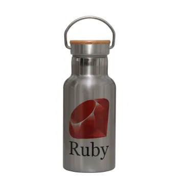 Ruby, Stainless steel metallic thermos flask, silver with a bamboo lid, double-walled, 350ml.