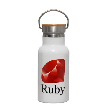 Ruby, Metallic thermos (Stainless steel) White with wooden lid (bamboo), double-walled, 350ml