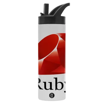 Ruby, Μεταλλικό παγούρι θερμός με καλαμάκι & χειρολαβή, ανοξείδωτο ατσάλι (Stainless steel 304), διπλού τοιχώματος, 600ml