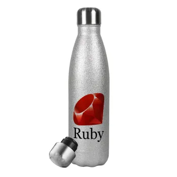 Ruby, Μεταλλικό παγούρι θερμός Glitter Aσημένιο (Stainless steel), διπλού τοιχώματος, 500ml