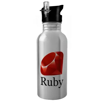 Ruby, Water bottle Silver with straw, stainless steel 600ml