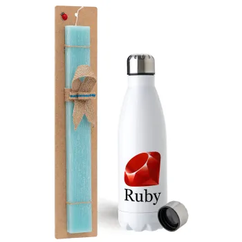 Ruby, Easter Set, metallic stainless steel water bottle (750ml) & aromatic flat Easter candle (30cm) (TURQUOISE)