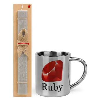 Ruby, Easter Set, metallic thermal cup (300ml) & Easter aromatic flat candle (30cm) (GRAY)