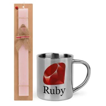 Ruby, Easter Set, metallic thermal cup (300ml) & aromatic flat Easter candle (30cm) (PINK)