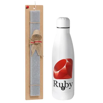 Ruby, Easter Set, metallic stainless thermos bottle (500ml) & scented flat Easter candle (30cm) (GRAY)