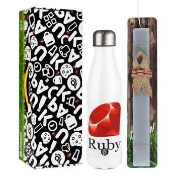 Ruby, Easter candle, metallic white thermos bottle (500ml) & aromatic flat candle (30cm) (GRAY)