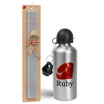 Ruby, Easter Set, metallic silver aluminum water bottle (500ml) & aromatic flat Easter candle (30cm) (GRAY)