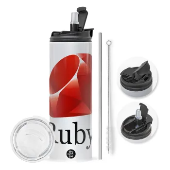 Ruby, Travel Tumbler θερμό με διπλό καπάκι, μεταλλικό καλαμάκι και βούρτσα καθαρισμού (Ανωξείδωτο 304 Food grade, BPA free, 600ml)