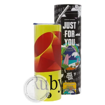 Ruby, Neon Yellow Travel Tumbler θερμό, μεταλλικό καλαμάκι(Ανωξείδωτο 304 Food grade, BPA free, 600ml)