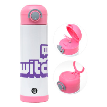 Twitch, Children's hot water bottle, stainless steel, with safety straw, PINK (500ml)