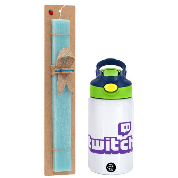 Twitch, Πασχαλινή Λαμπάδα με Παιδικό παγούρι θερμό, ανοξείδωτο, με καλαμάκι ασφαλείας, πράσινο/μπλε (350ml) & κερί αρωματικό πλακέ (30cm) (ΤΙΡΚΟΥΑΖ)