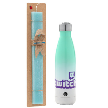 Twitch, Easter Set, Metallic green/white thermos (Stainless steel), double-walled, 500ml & scented flat Easter candle (30cm) (TURQUOISE)