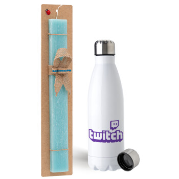 Twitch, Easter Set, metallic stainless steel water bottle (750ml) & aromatic flat Easter candle (30cm) (TURQUOISE)