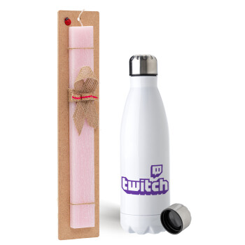 Twitch, Easter Set, metallic stainless steel water bottle (750ml) & scented flat Easter candle (30cm) (PINK)