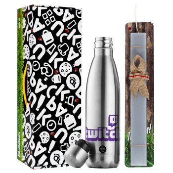 Twitch, Easter Set, metallic stainless thermos flask (500ml) & scented flat Easter candle (30cm) (GRAY)