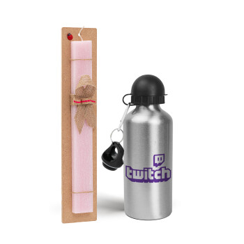Twitch, Easter Set, metallic Silver aluminum water bottle (500ml) & scented flat Easter candle (30cm) (PINK)