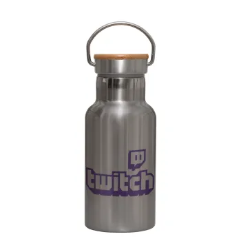 Twitch, Stainless steel metallic thermos flask, silver with a bamboo lid, double-walled, 350ml.
