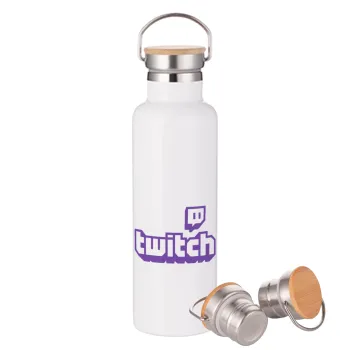 Twitch, Μεταλλικό παγούρι θερμός (Stainless steel) Λευκό με ξύλινο καπάκι (bamboo), διπλού τοιχώματος, 750ml