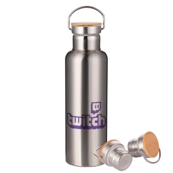 Twitch, Μεταλλικό παγούρι θερμός (Stainless steel) Ασημένιο με ξύλινο καπακι (bamboo), διπλού τοιχώματος, 750ml