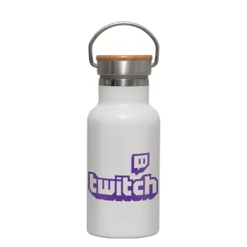 Twitch, Μεταλλικό παγούρι θερμός (Stainless steel) Λευκό με ξύλινο καπακι (bamboo), διπλού τοιχώματος, 350ml