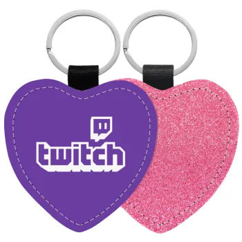 Twitch, Μπρελόκ PU δερμάτινο glitter καρδιά ΡΟΖ