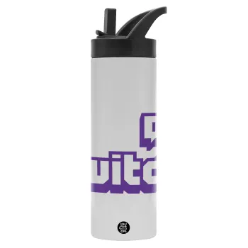 Twitch, Μεταλλικό παγούρι θερμός με καλαμάκι & χειρολαβή, ανοξείδωτο ατσάλι (Stainless steel 304), διπλού τοιχώματος, 600ml