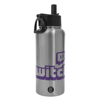 Twitch, Μεταλλικό παγούρι θερμός Silver με καλαμάκι και χερούλι (Stainless steel), διπλού τοιχώματος, 950ml