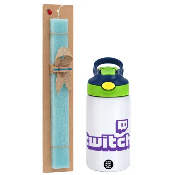 Twitch, Easter Set, Children's thermal stainless steel bottle with safety straw, green/blue (350ml) & aromatic flat Easter candle (30cm) (TURQUOISE)