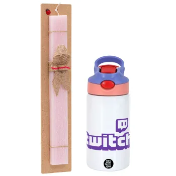 Twitch, Easter Set, Children's thermal stainless steel water bottle with safety straw, pink/purple (350ml) & Easter scented flat candle (30cm) (PINK)