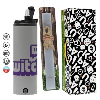 Twitch, Πασχαλινή Λαμπάδα με Travel Tumbler θερμό (600ml, BPA free) & κερί αρωματικό πλακέ (30cm) (ΓΚΡΙ)