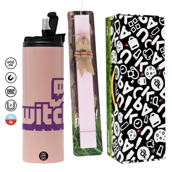 Twitch, Πασχαλινή Λαμπάδα με  ΡΟΖ Travel Tumbler θερμό (600ml, BPA free) & κερί αρωματικό πλακέ (30cm) (ΡΟΖ)