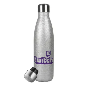 Twitch, Μεταλλικό παγούρι θερμός Glitter Aσημένιο (Stainless steel), διπλού τοιχώματος, 500ml