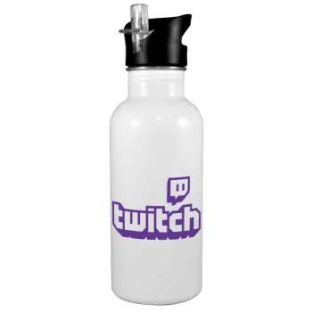 Twitch, White water bottle with straw, stainless steel 600ml