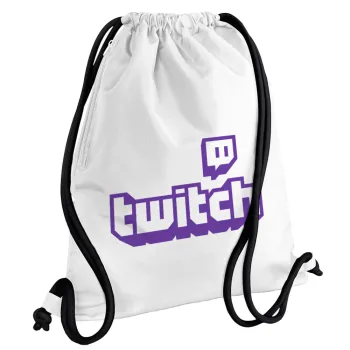 Twitch, Backpack pouch GYMBAG white, with pocket (40x48cm) & thick cords