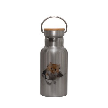 Cat cracked, Stainless steel metallic thermos flask, silver with a bamboo lid, double-walled, 350ml.