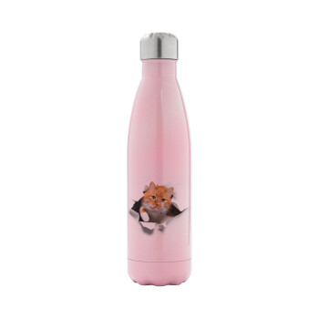 Cat cracked, Metal mug thermos Pink Iridiscent (Stainless steel), double wall, 500ml
