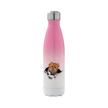 Cat cracked, Metal mug thermos Pink/White (Stainless steel), double wall, 500ml