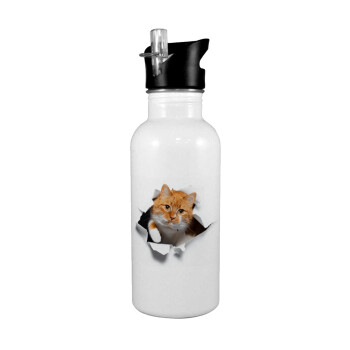 Cat cracked, White water bottle with straw, stainless steel 600ml