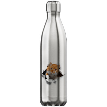 Cat cracked, Inox (Stainless steel) hot metal mug, double wall, 750ml